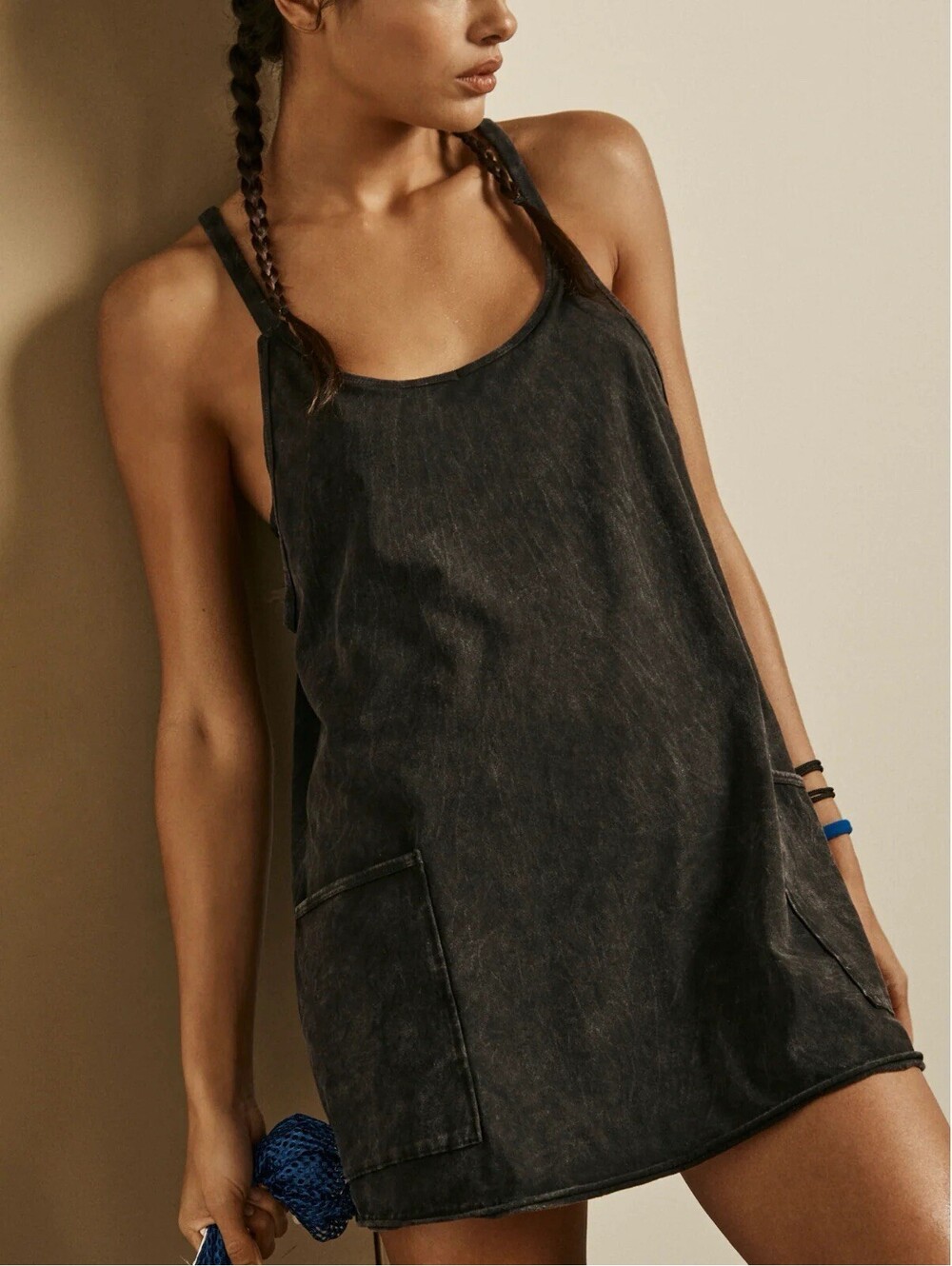 Free People Movement Hot Shot Mini Dress Black Charcoal Grey Size Large EUC
